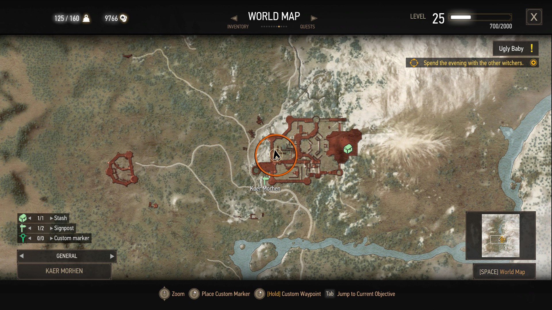 A screenshot of The Witcher 3's map of Kaer Morhen, with an orange circle over a quest location.