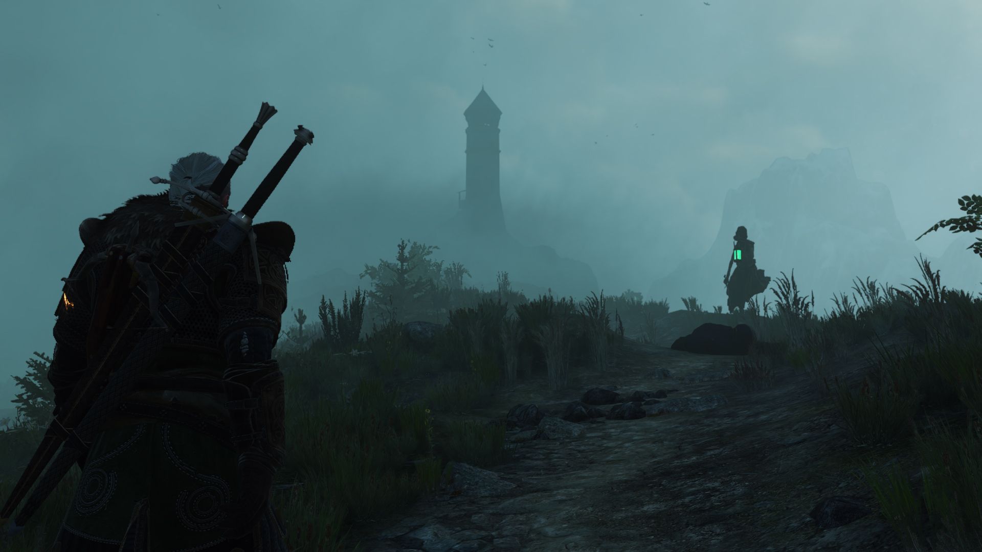 Geralt walks toward a lighthouse looming out of the fog as a specter holding a green lamp drifts toward him.