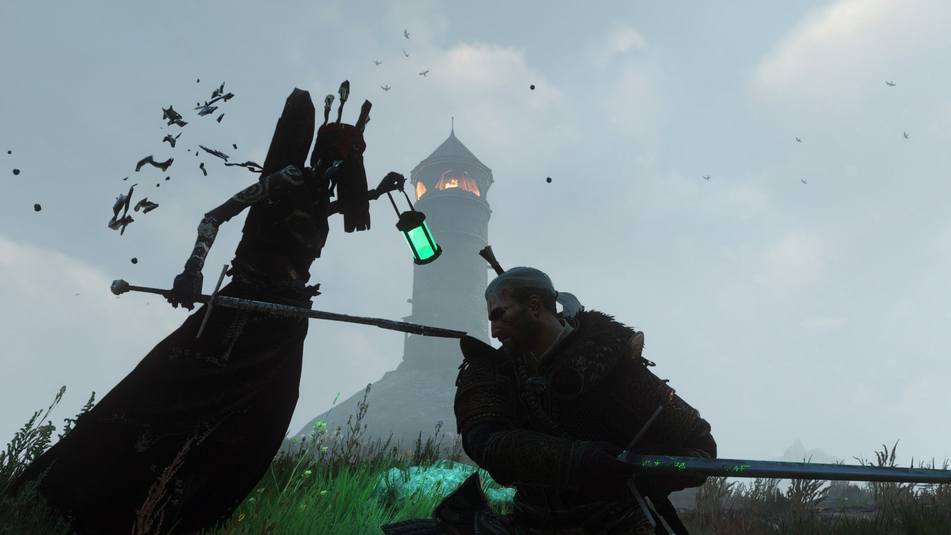 Geralt fights a specter on an island with a lit lighthouse in the background.