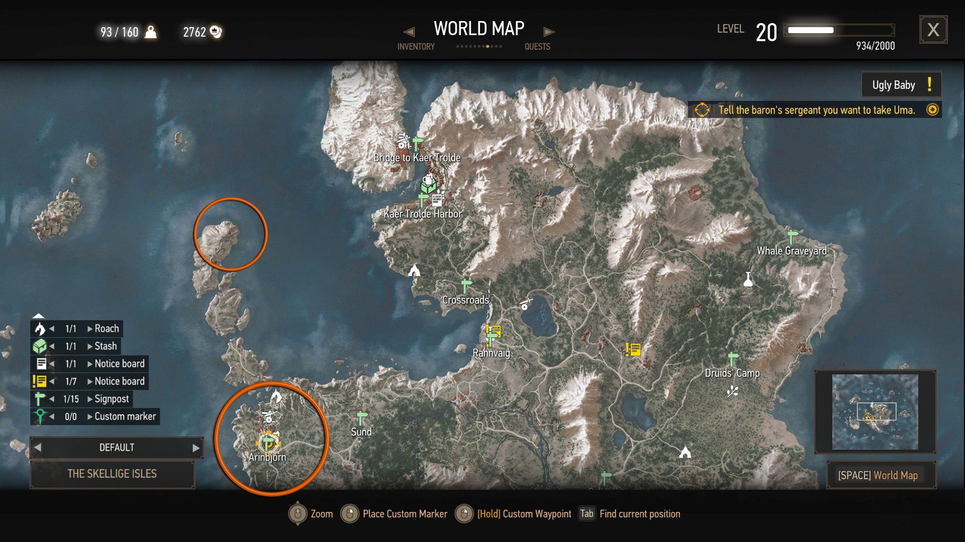 An annotated map from The Witcher 3, with orange circles indicating where quest locations can be found.