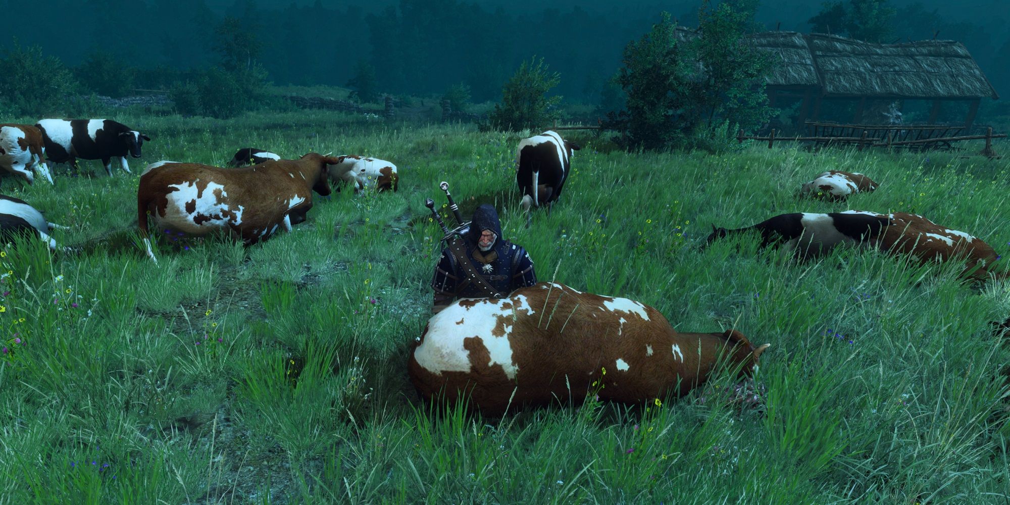 the witcher 3 geralt meditating next to a dead cow