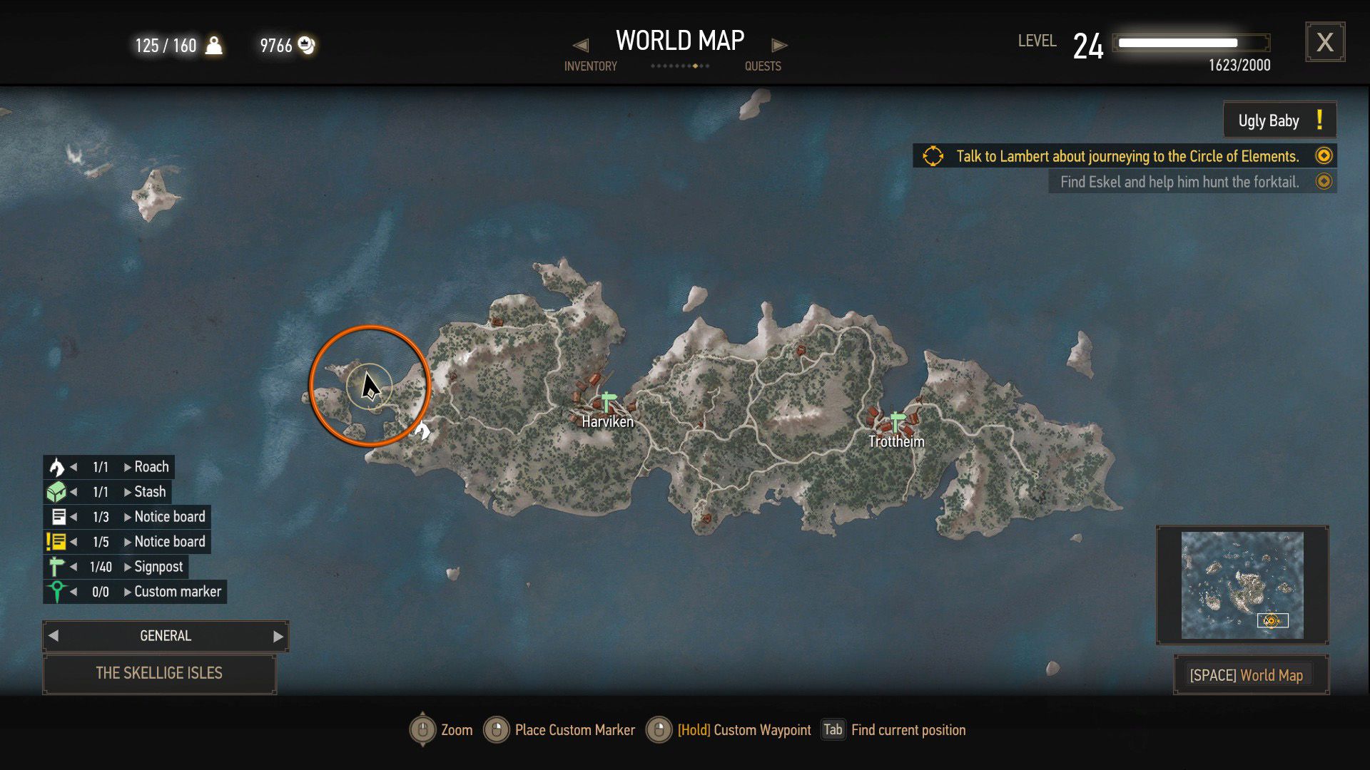 A screenshot of The Witcher 3's map, with an orange circle on Faroe's west coast.