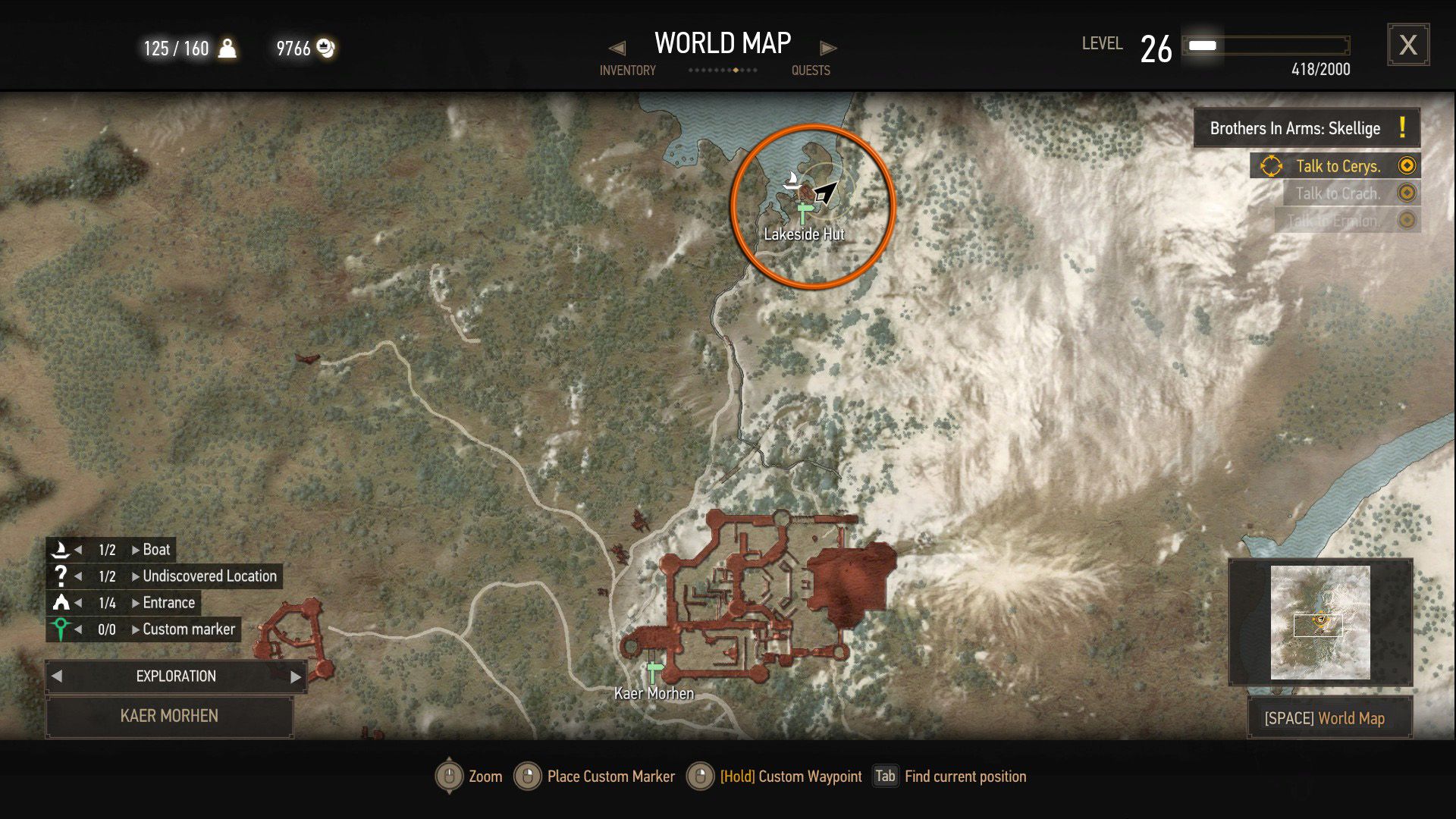 A screenshot of The Witcher 3's map, with an orange circle over a map location.