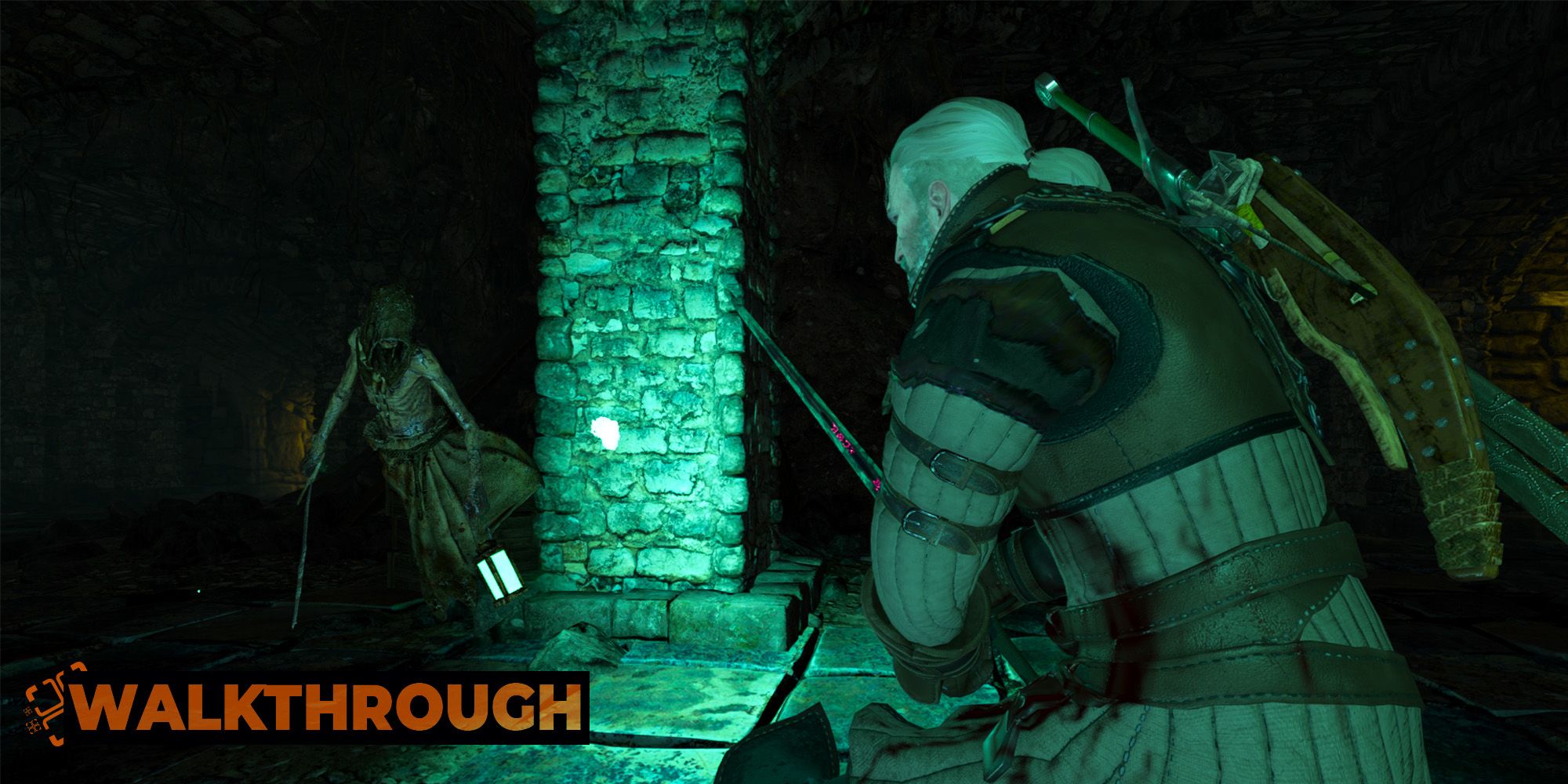 Geralt holds his sword up as he paces around a wraith floating in a tomb in The Witcher 3.