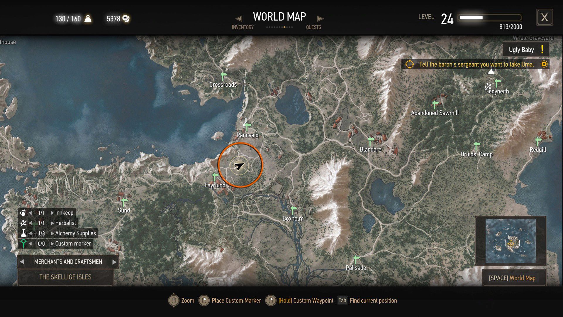 A screenshot of The Witcher 3's map, with an orange circle northeast of Fayrlund.