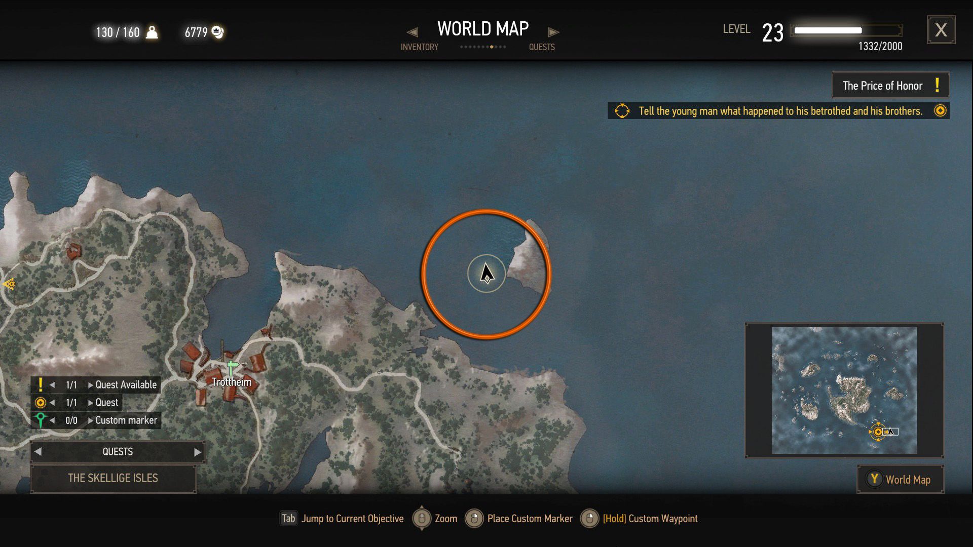 An annotated screenshot of The Witcher 3's map, with an orange circle indicating where a treasure chest can be found.