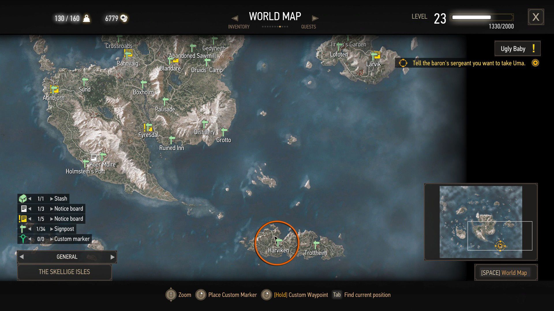 A screenshot of The Witcher 3's map, with a circle over the town of Harviken on the island of Faroe.