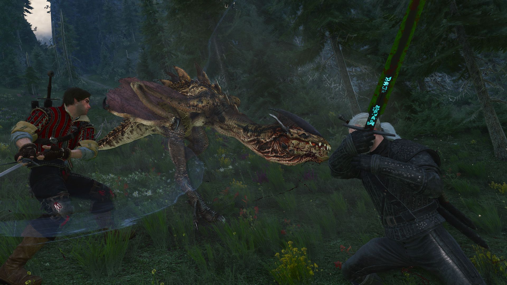Geralt and Eskel fight a monster in a lush forest near Kaer Morhen.