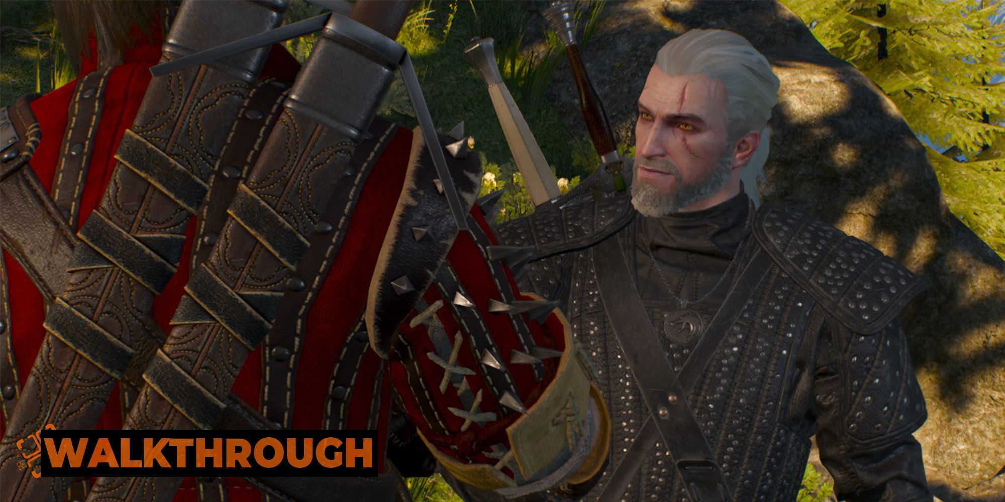 Geralt smiles at Eskel as he shakes his friend's hand in the woods outside Kaer Morhen.