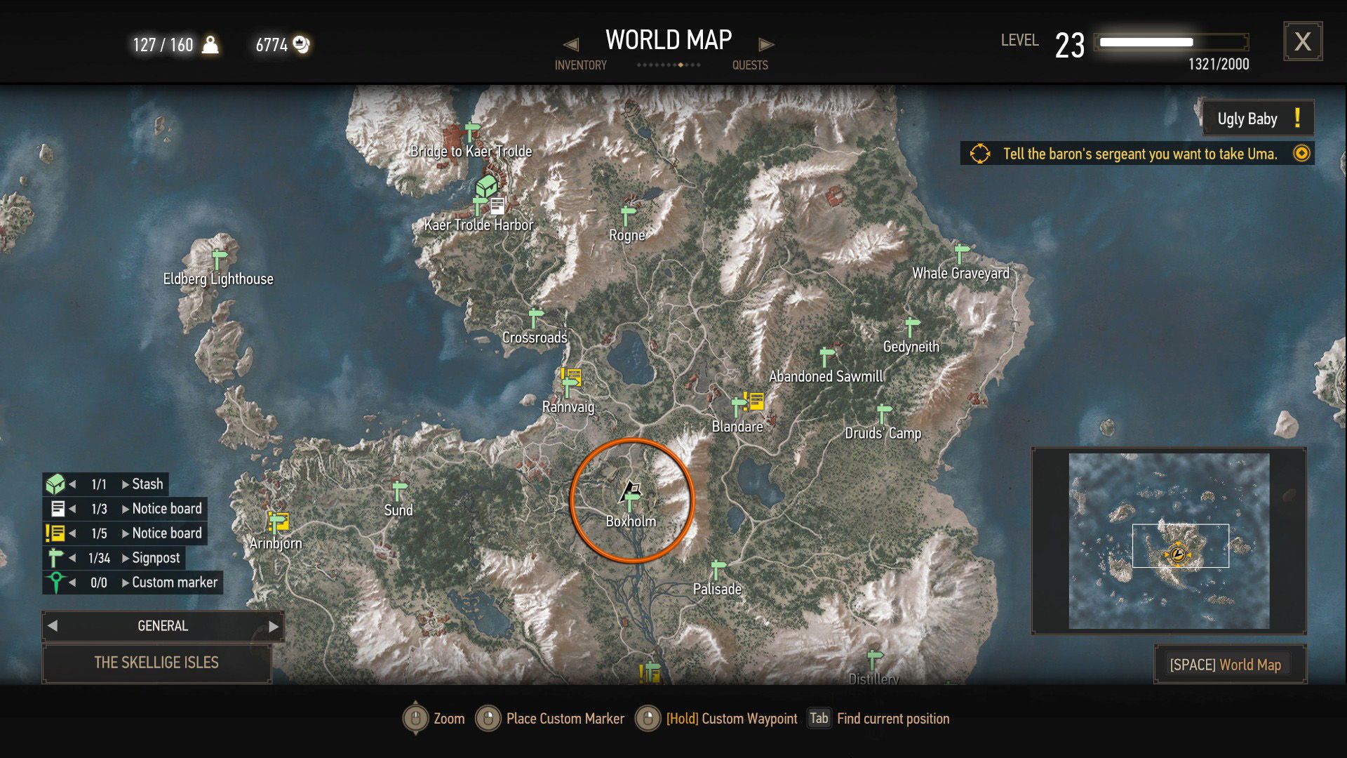 A screenshot of The Witcher 3's map, with a circle over the town of Boxholm.