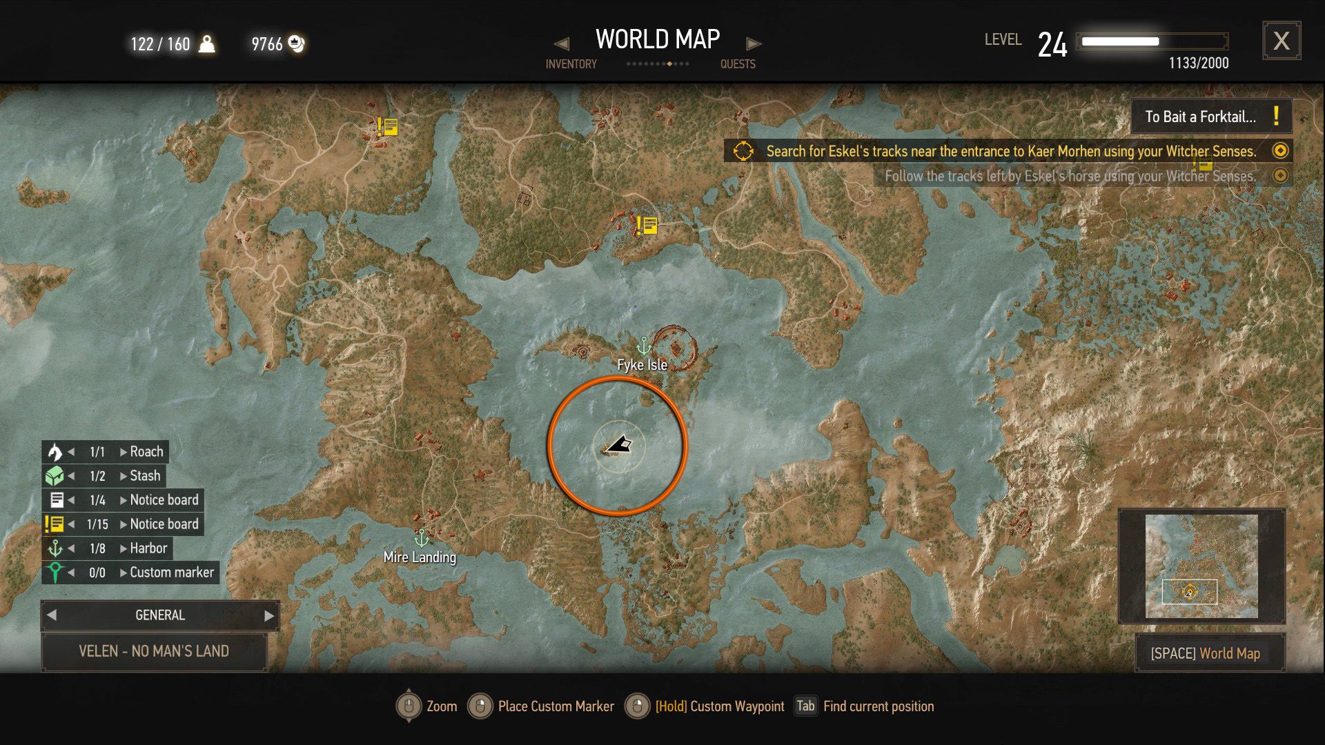 A screenshot of Velen's map in The Witcher 3, with an orange circle over an island south of Fyke Isle.