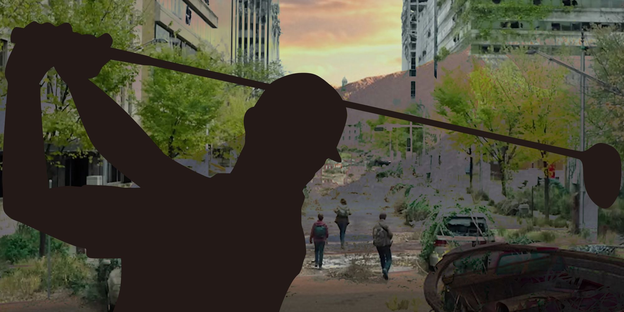 A still showing Joel, Tess, and Ellie walking in the HBO show behind a shadow of a golfer