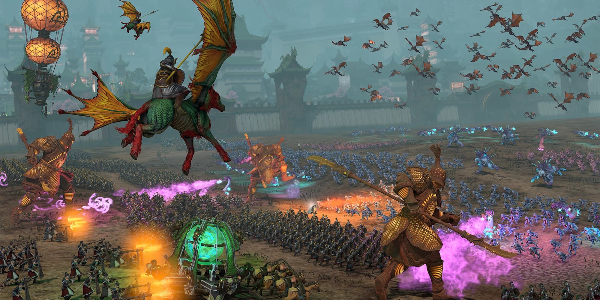Massive armies consisting of foot soldiers, giant golems, and even dragons do battle in Total War: Warhammer 3.