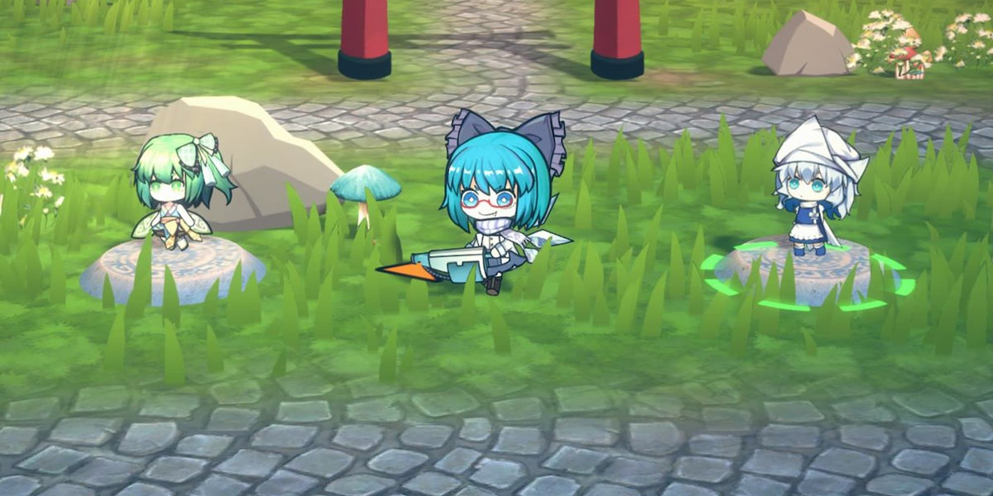 Three heroes stand in the grass, with two on stone platforms, in Touhou Monster TD.