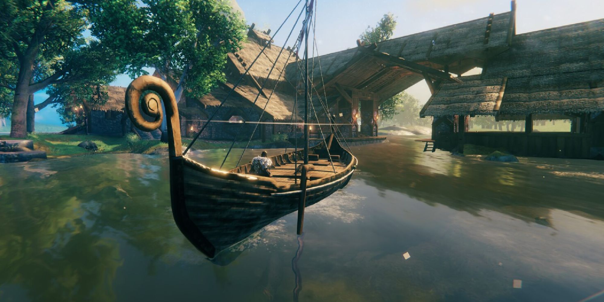 valheim longship from behind, with player inside