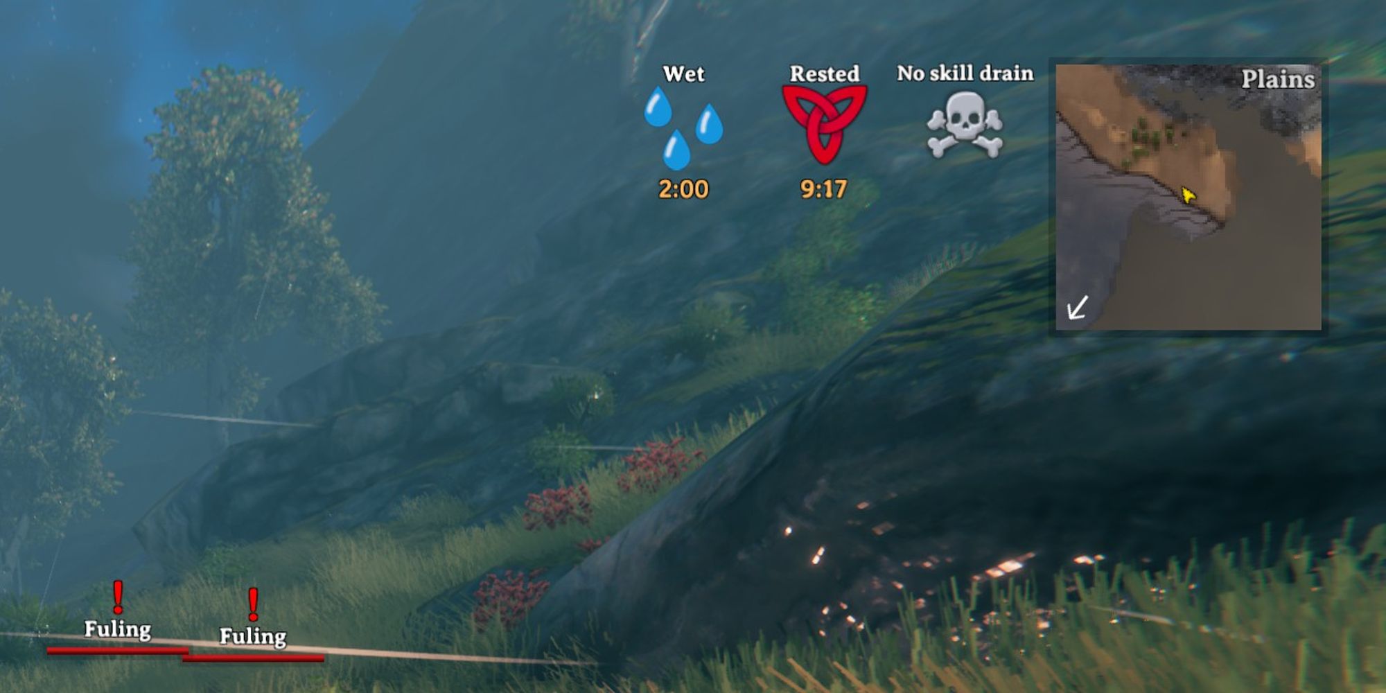 valheim three status effects on player (wet, rested, and no skill drain)