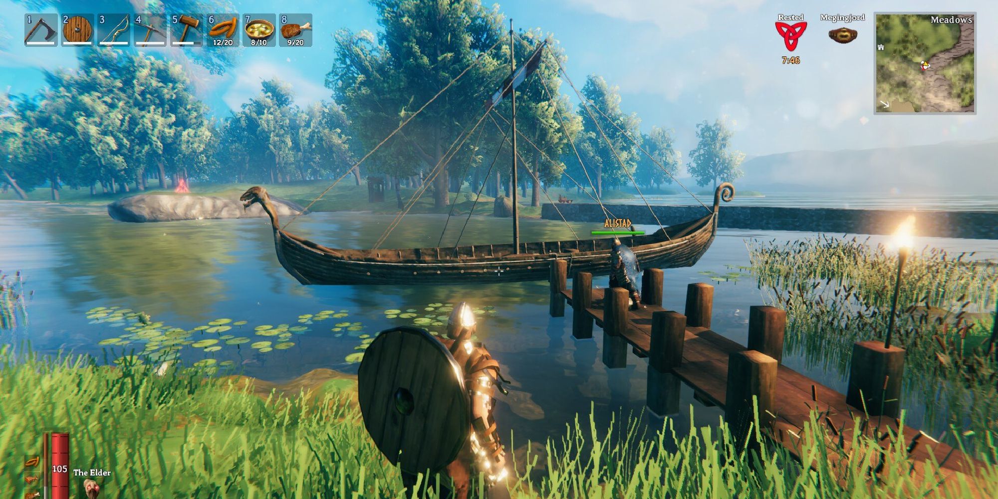 valheim two players looking at longship in water