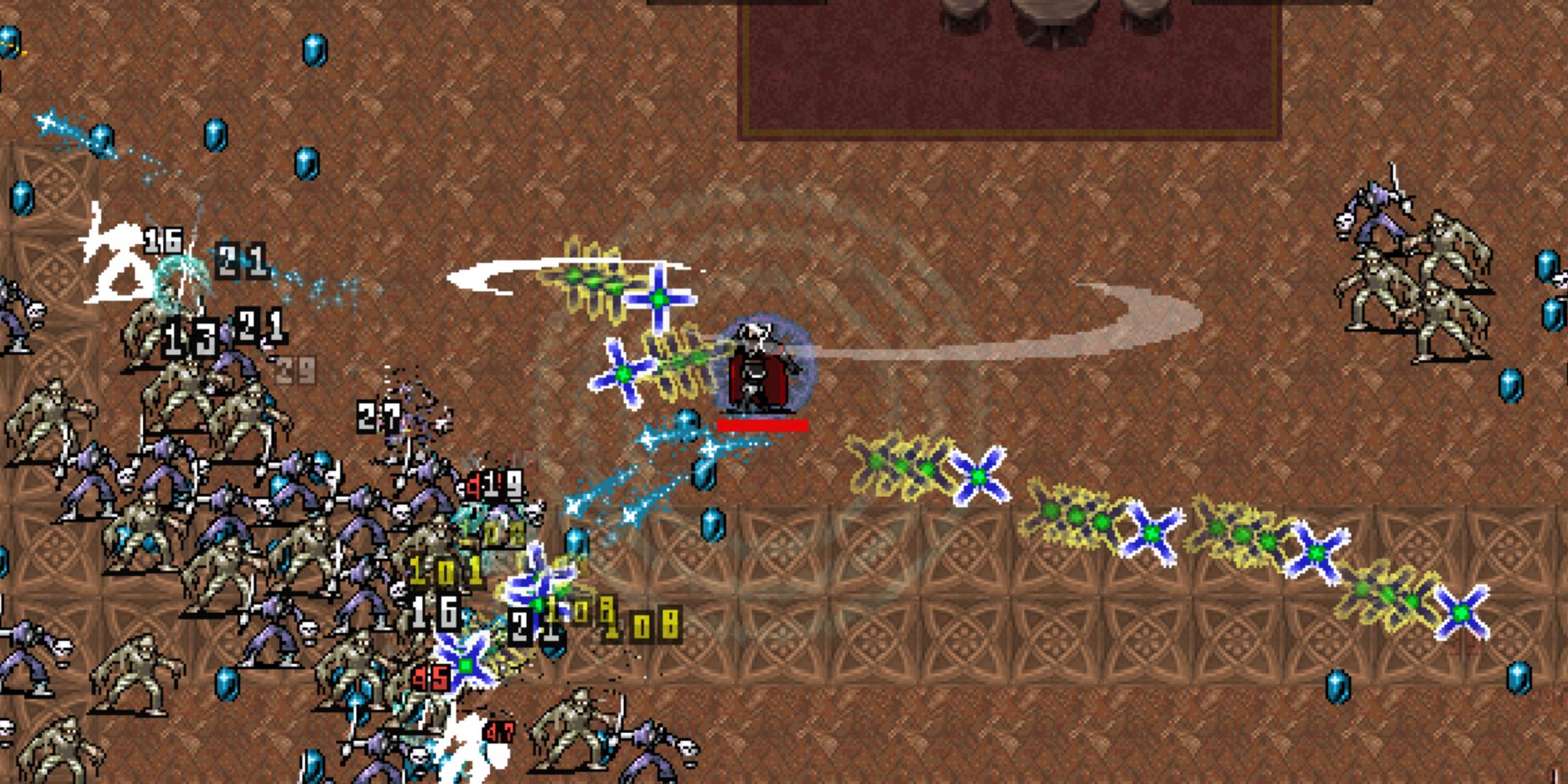 Vampire Survivors, Arca in middle of fight against mummies in the Inlaid Library