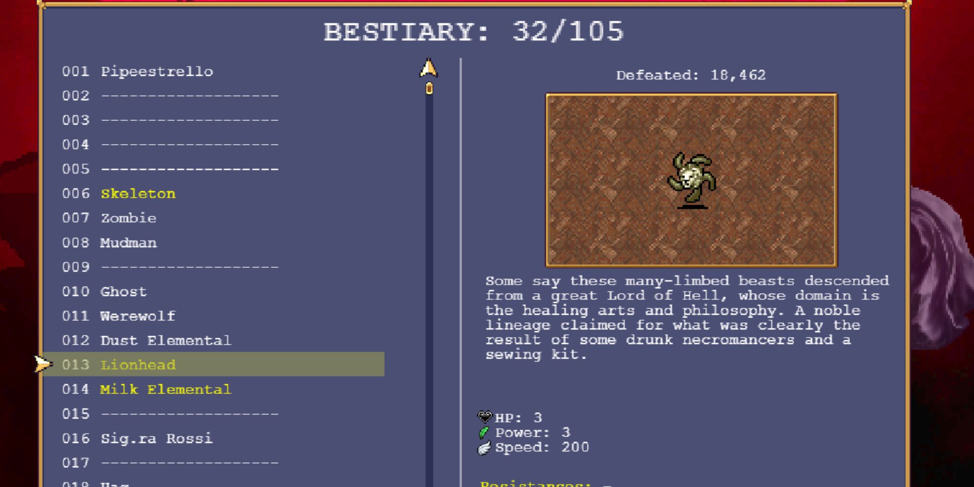 Vampire Survivors, Bestiary Lionhead entry