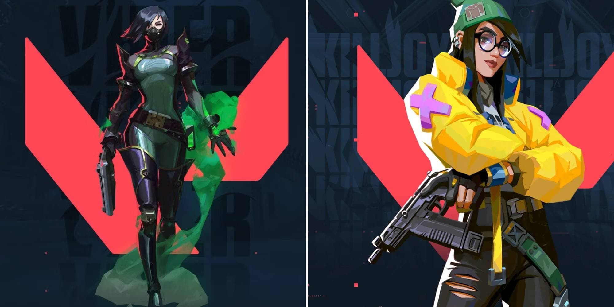 Viper holds a Sheriff and releases gas from her suit while Killjoy crosses her arms with a Frenzy in one hand.