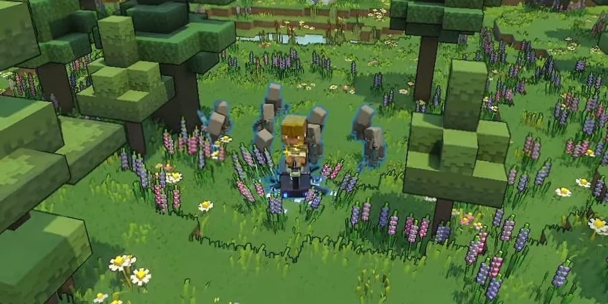 A hero commands a group of Warriors in Minecraft Legends.