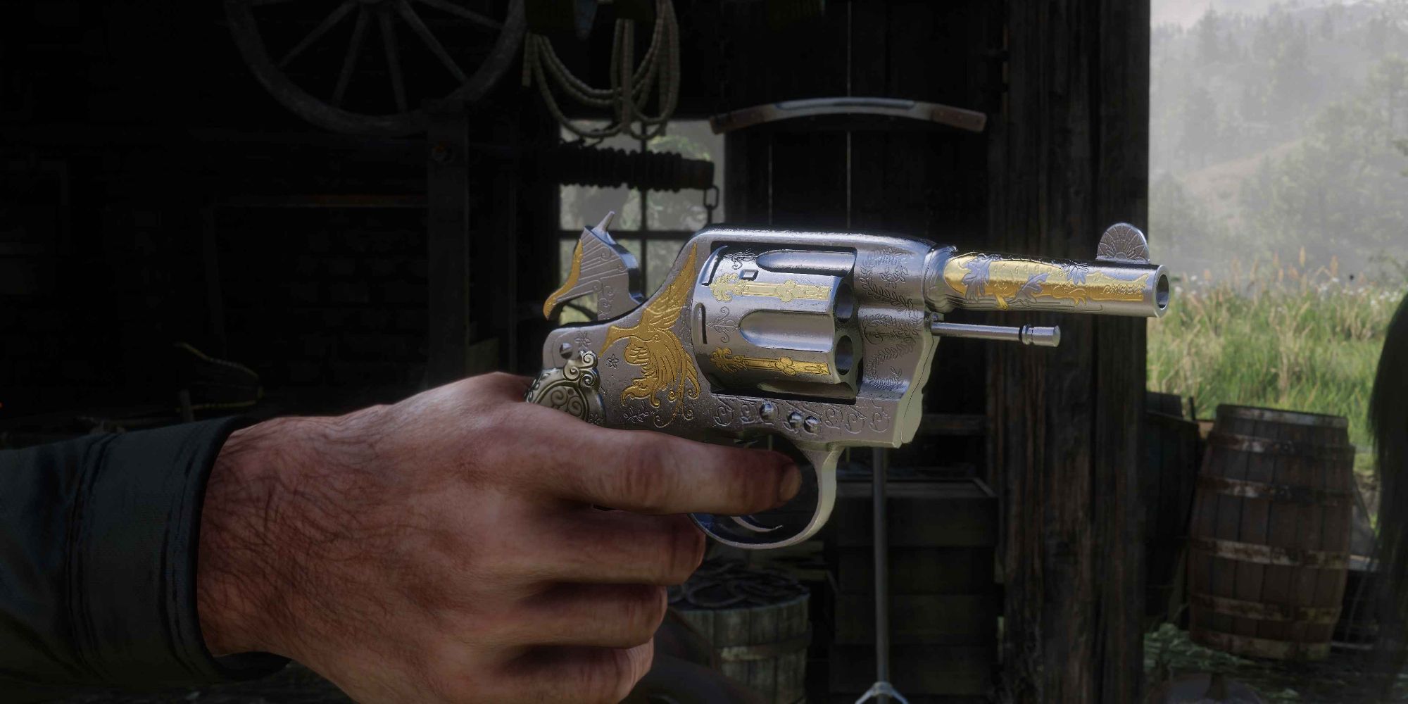 An image of a mod for Red Dead Redemption 2, which updates all the weapon textures in the game. This photo showcases a silver and gold pistol.