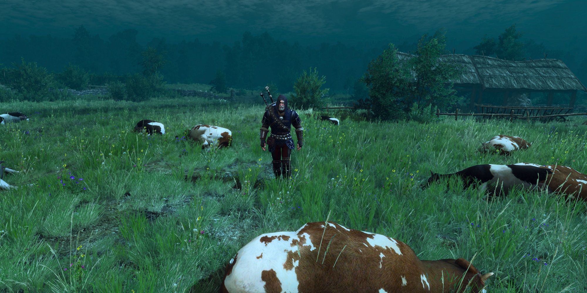 witcher 3 geralt in a field of cows