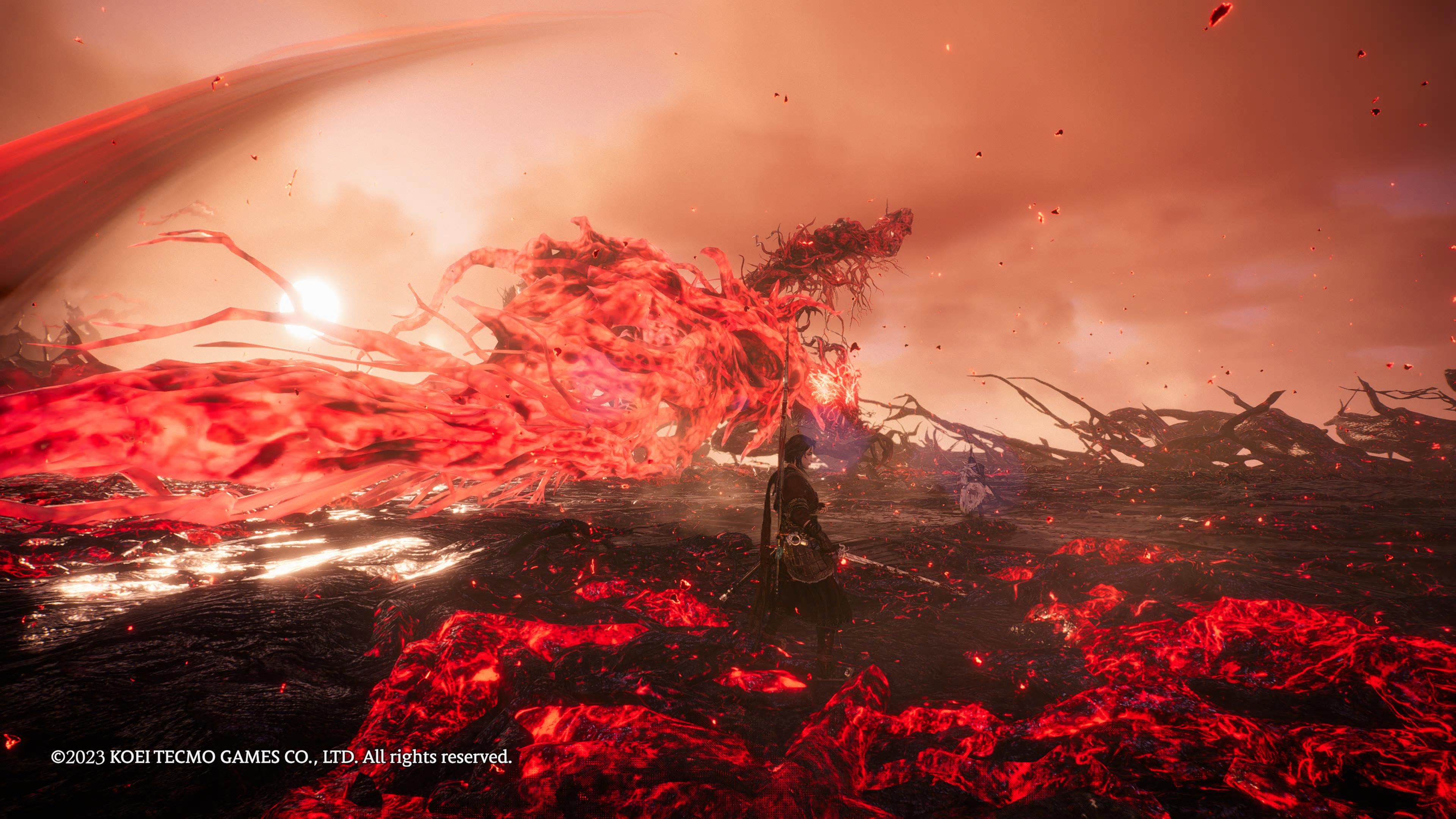 Wo Long: Fallen Dynasty - Embodiment of demonic qi boss attacks with a large, red glowing wing.