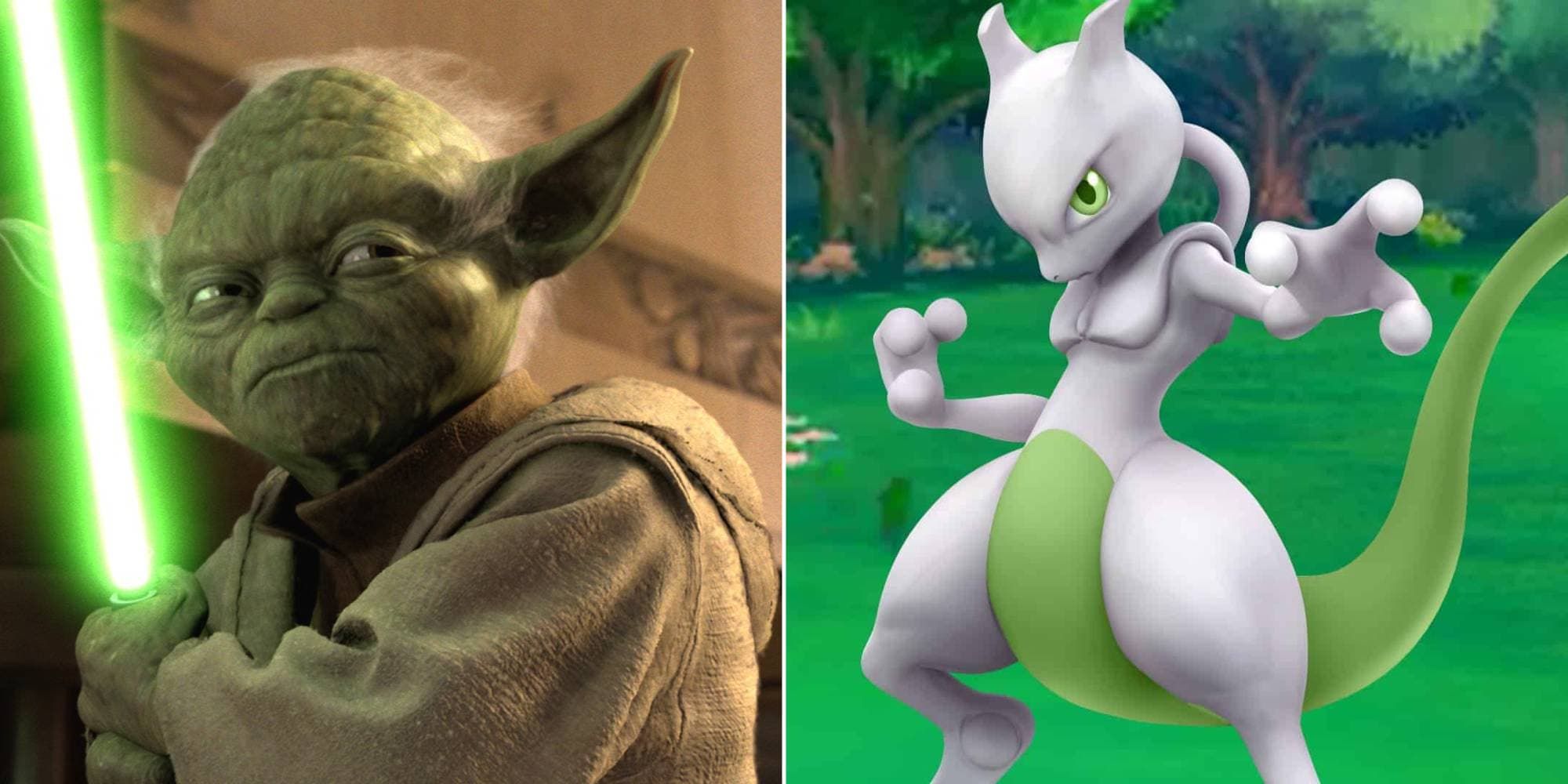 Yoda raises his lightsaber ready to fight and Shiny Mewtwo makes a fist ready to battle.