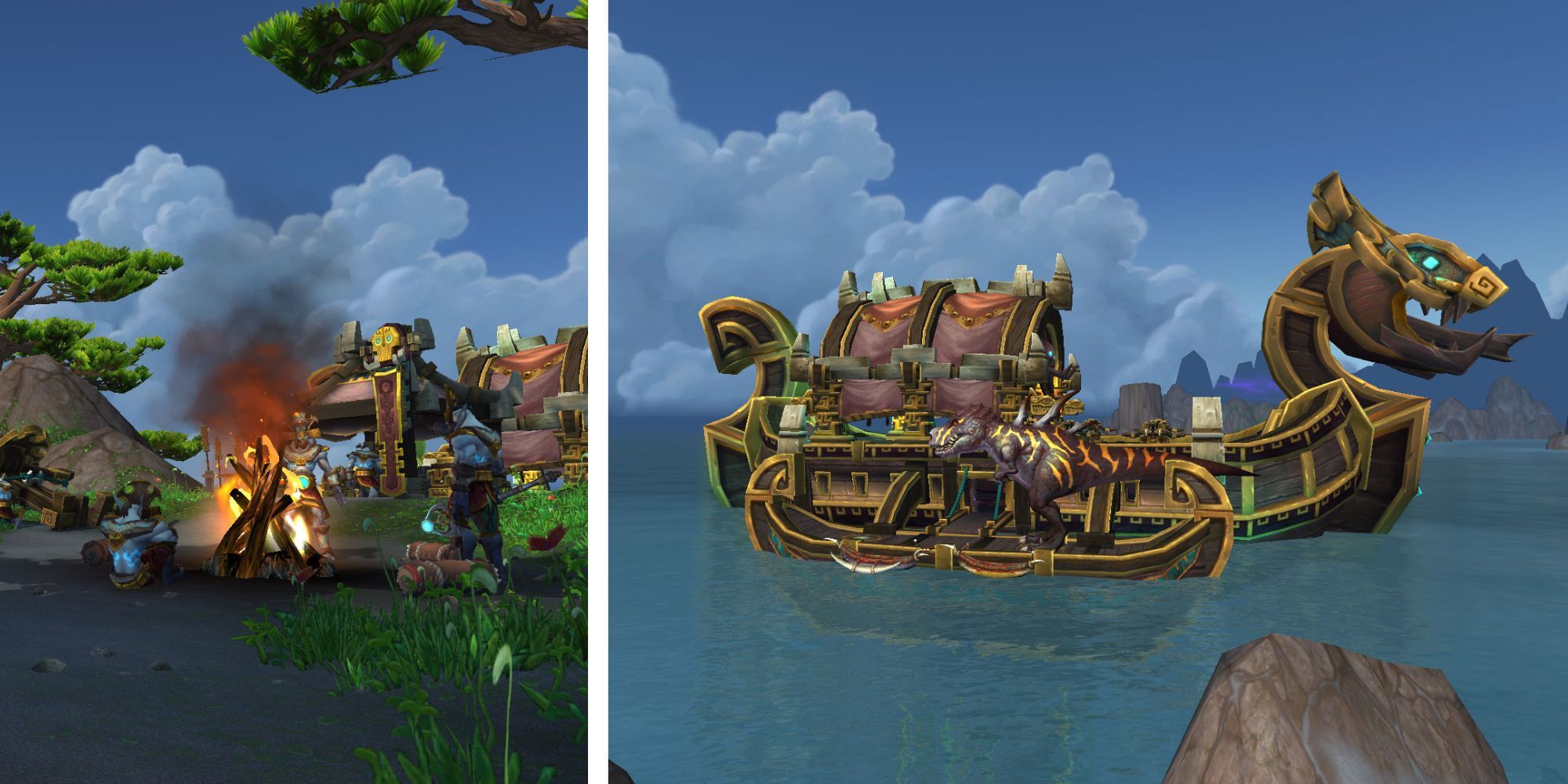 Zandalari Dinomancers on the Isle of Giants and Zandalari War Ship