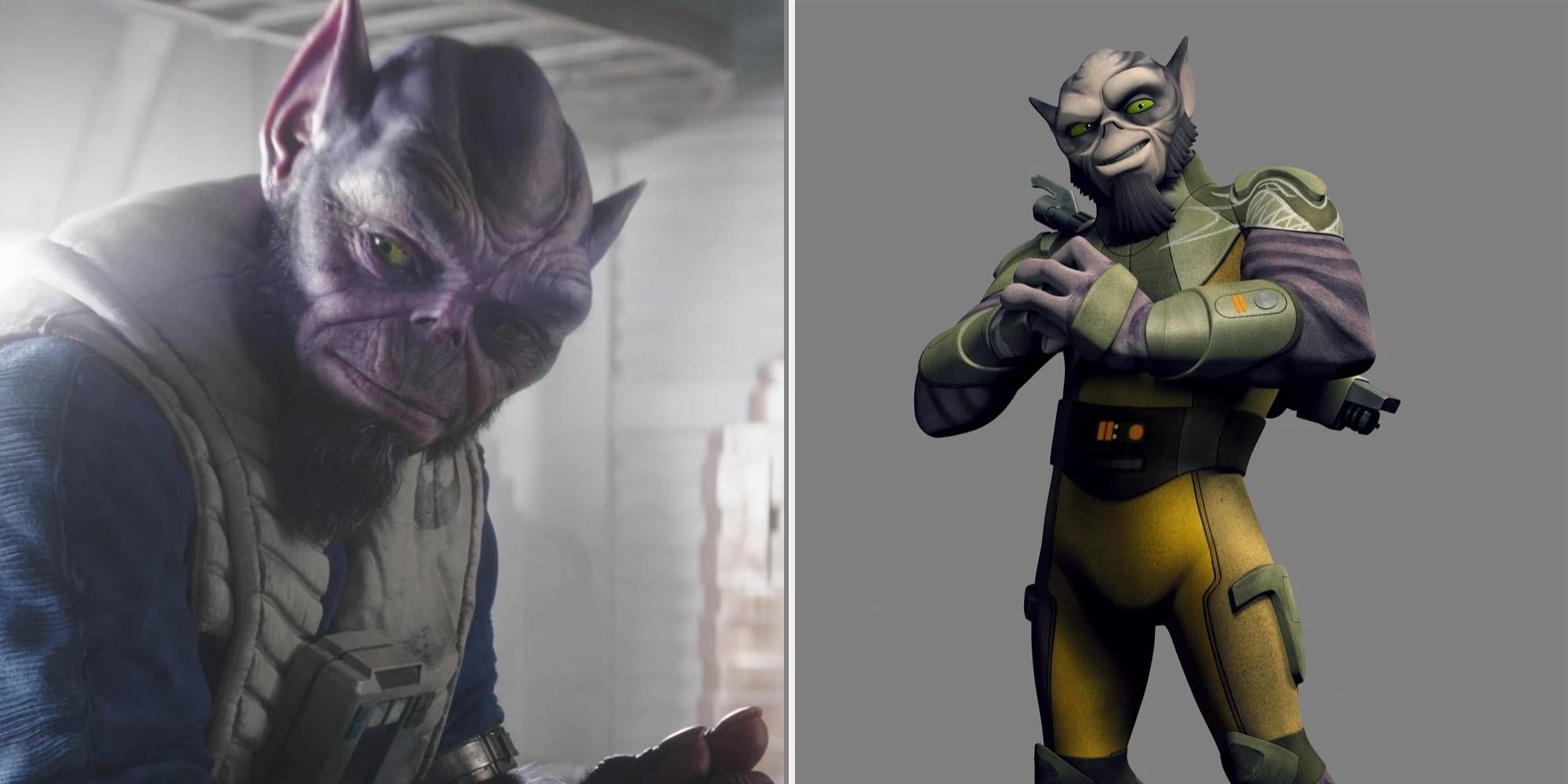 Zeb Orrelios in live-action on the right, animated on the left