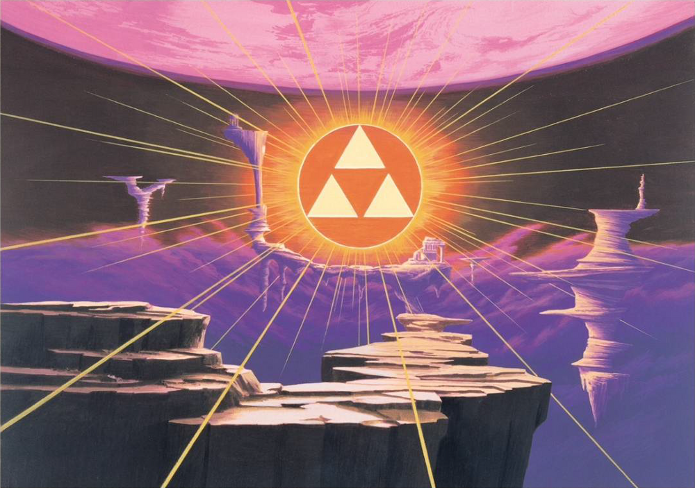 Triforce floating above sky islands in Zelda's Sacred Realm