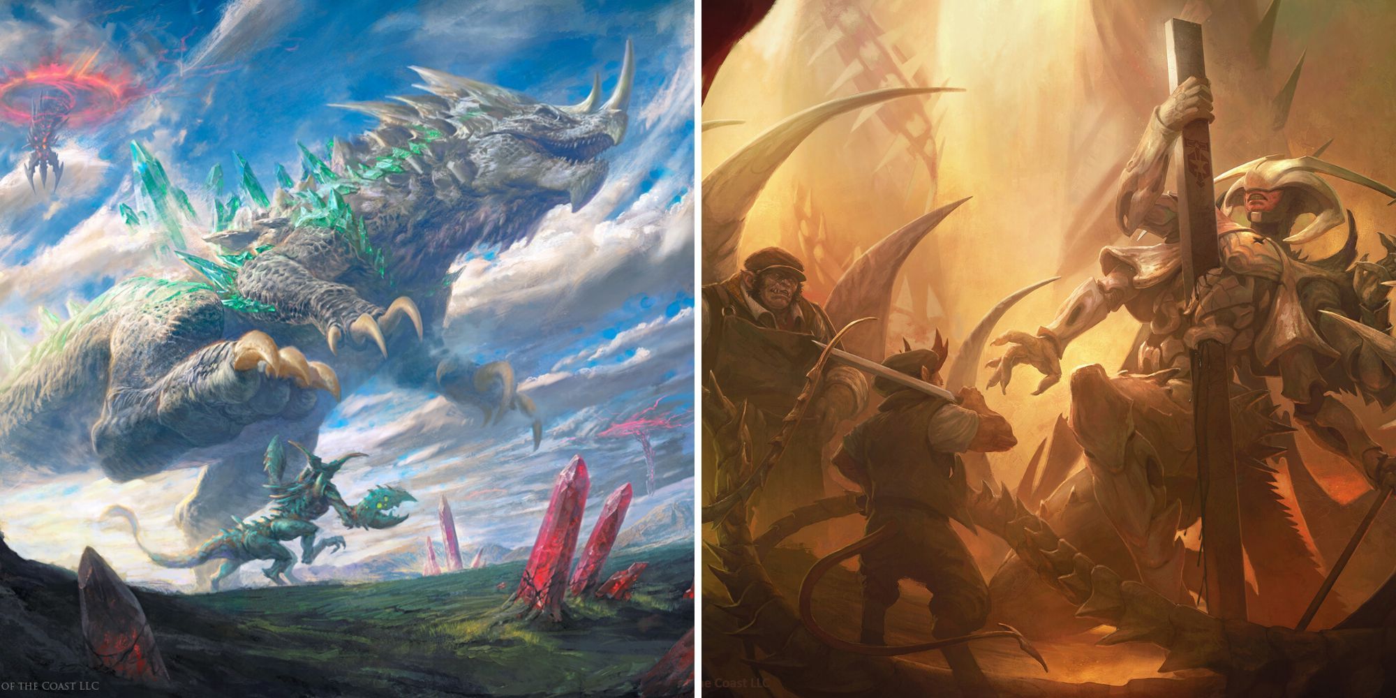 Collage Image of Zilortha roaming around and fallen angel Atraxa being defeated in Magic The Gathering.