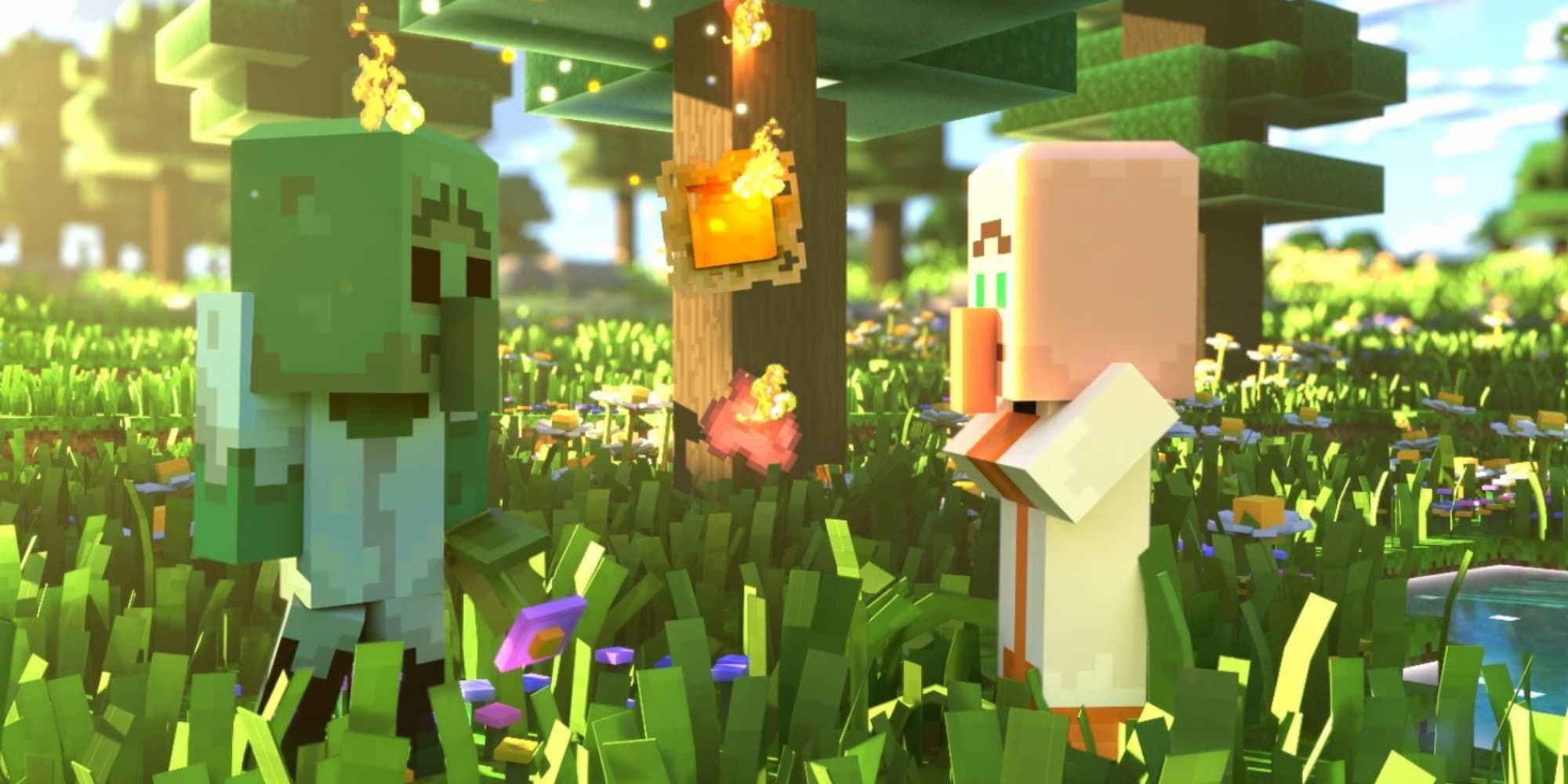 A zombie and a villager interact during a cutscene in Minecraft Legends.