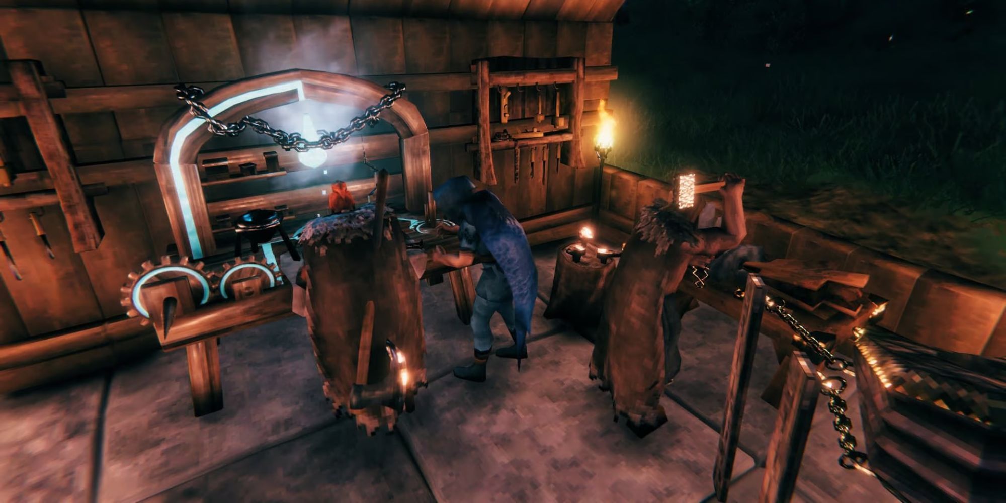 3 vikings crafting in Valheim