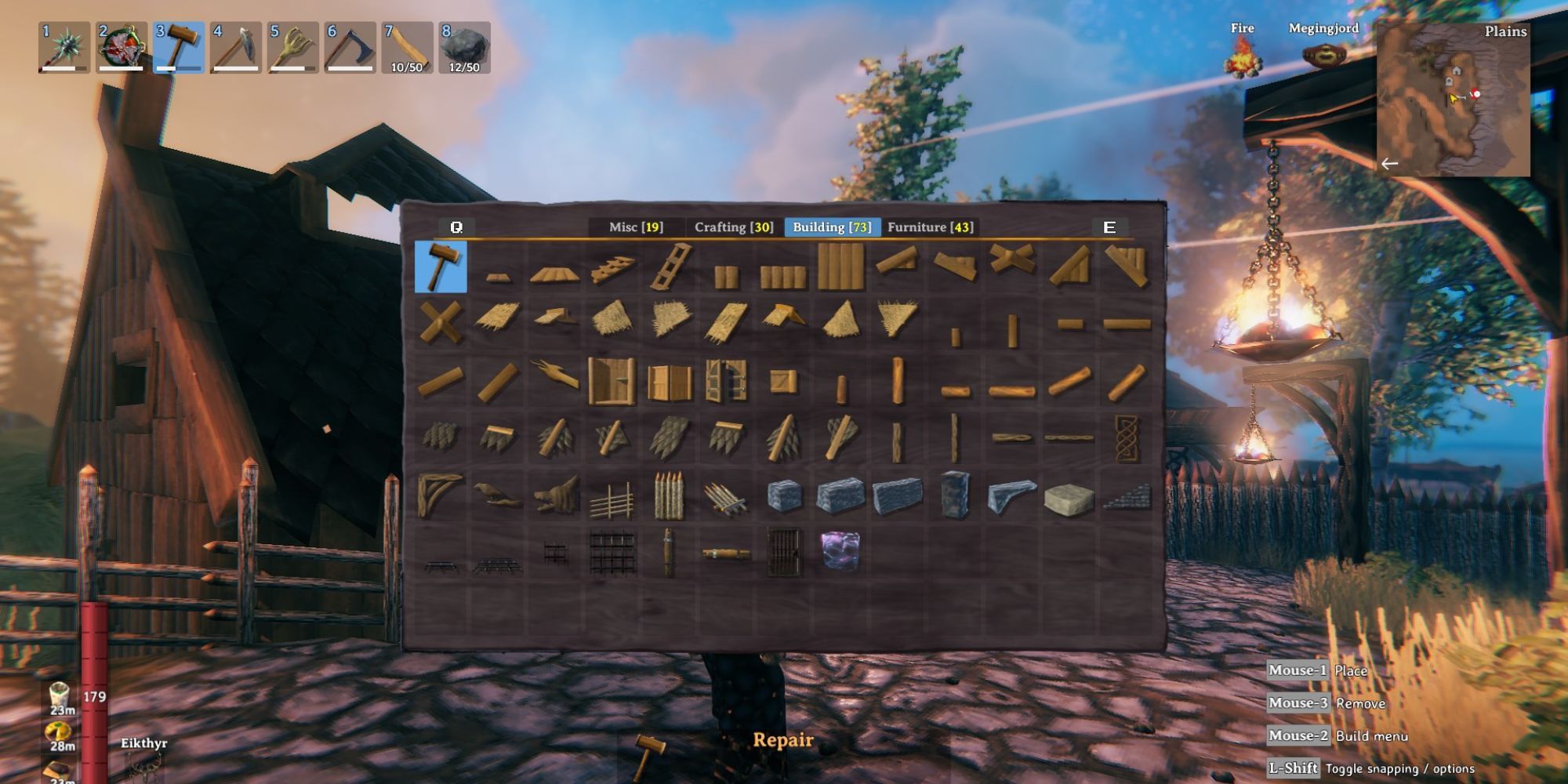 Valheim interface showcasing building items