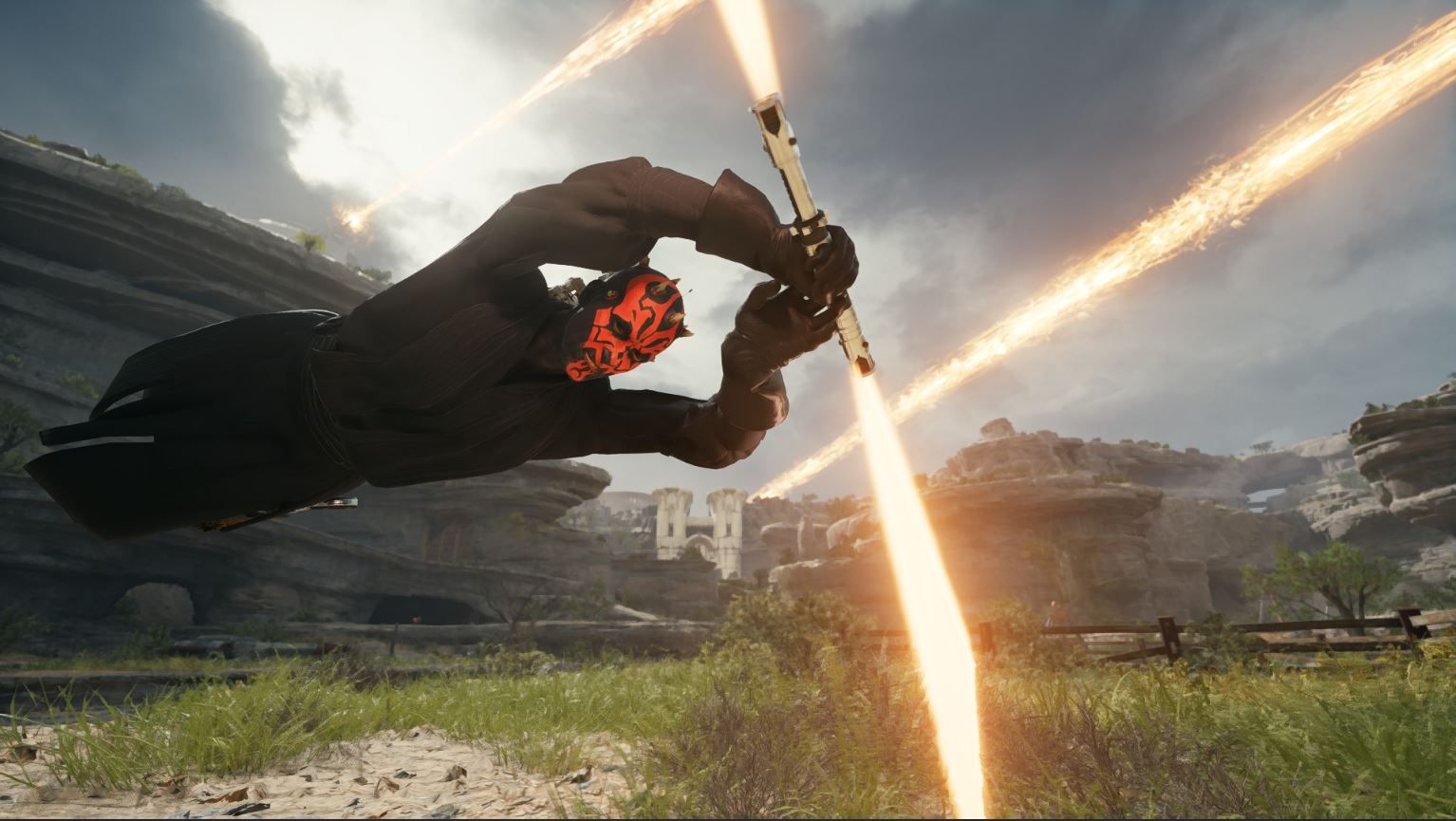 Darth Maul modded into Star Wars Jedi: Survivor seen here doing an acrobatic leap that calls to mind The Phantom Menace