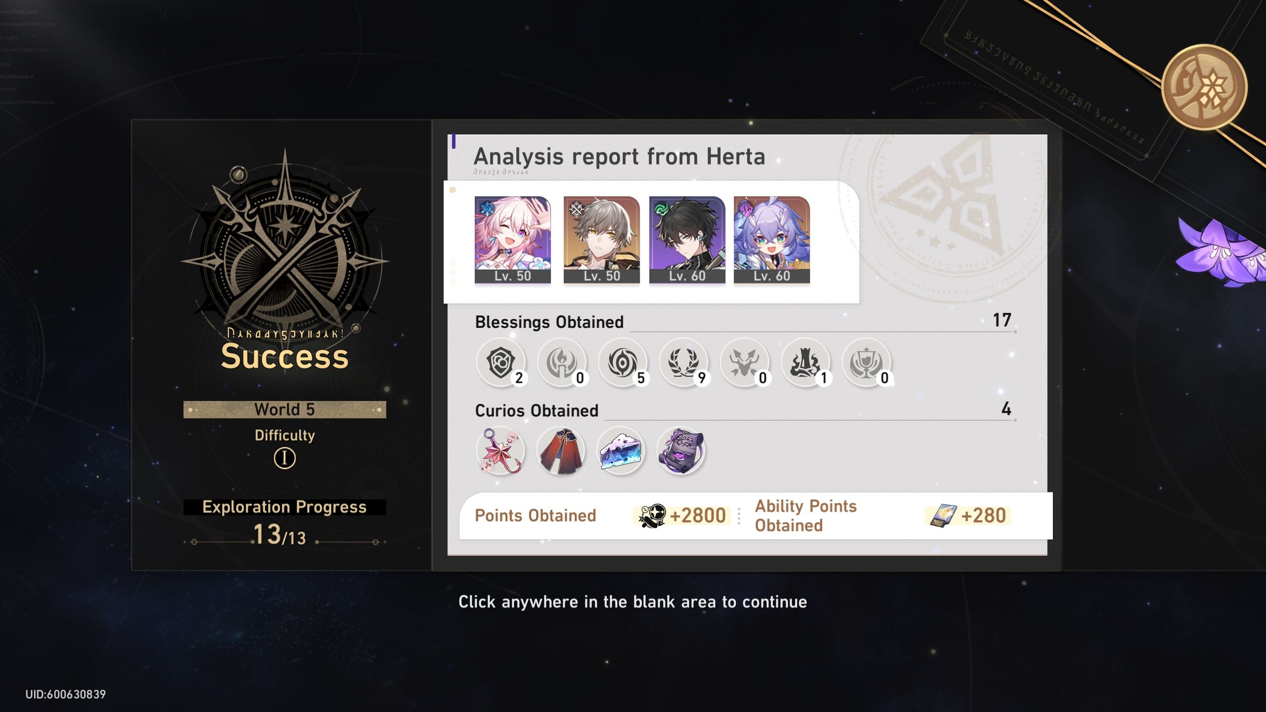 World 5 Success Screen in Honkai: Star Rail