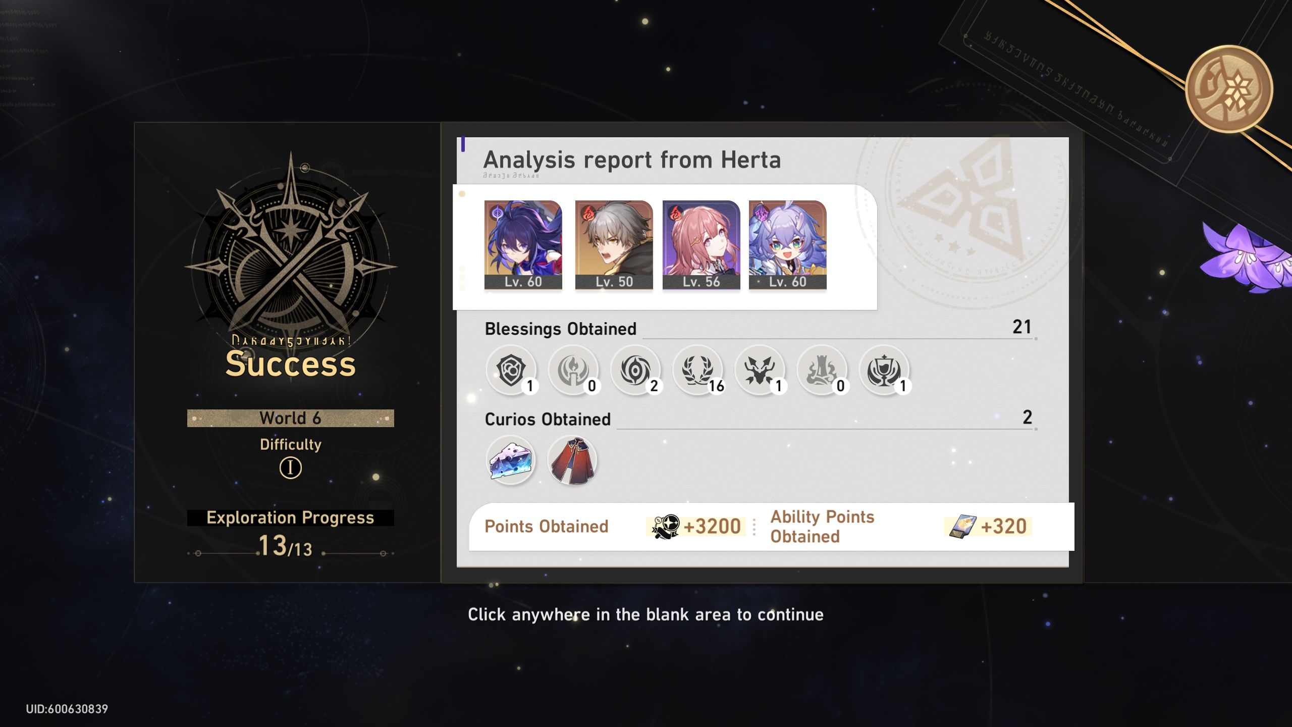 World 6 Success screen in Honkai: Star Rail.