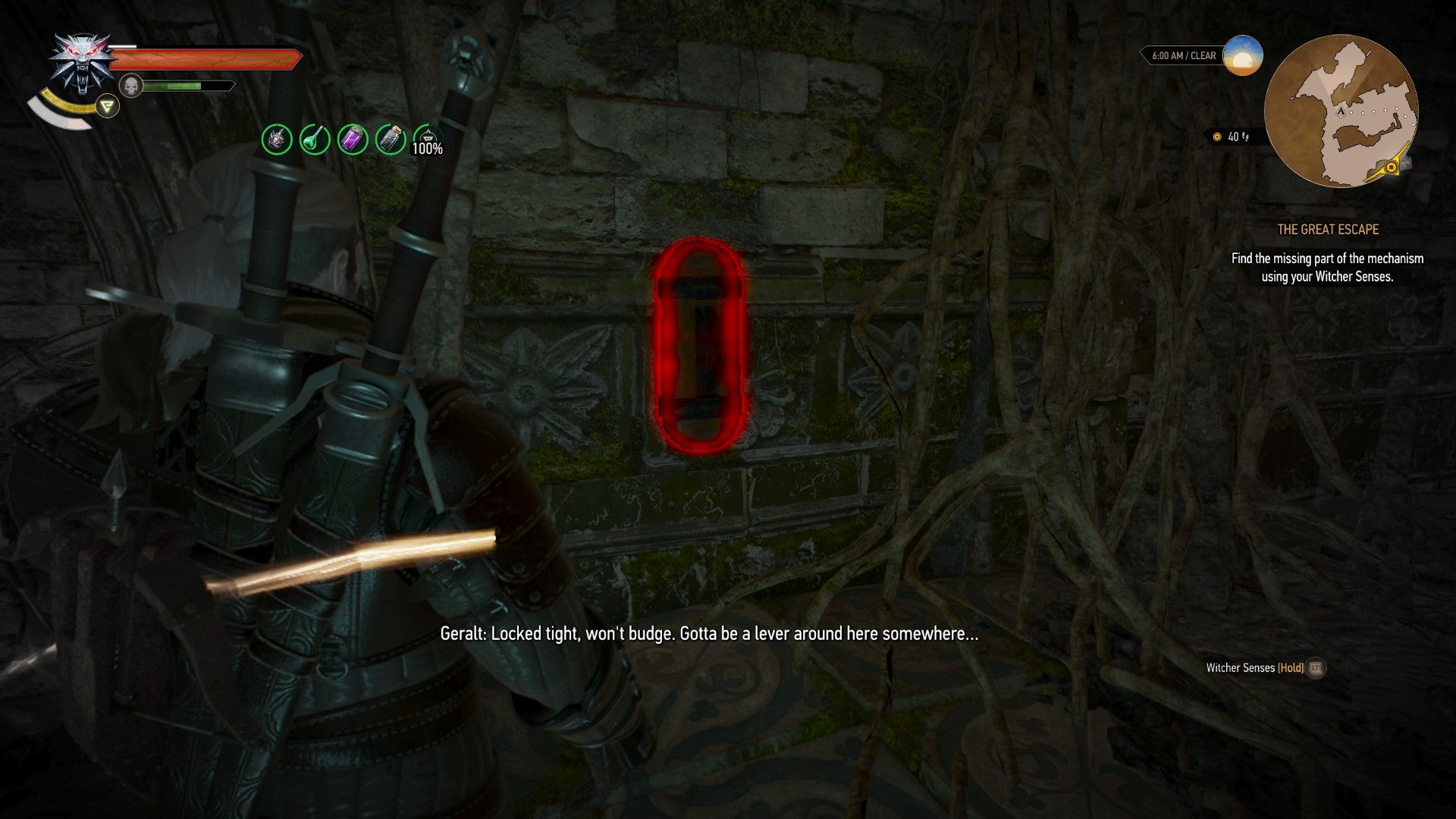 A screenshot of Geralt commenting on a borken mechanism in a underground sewer.