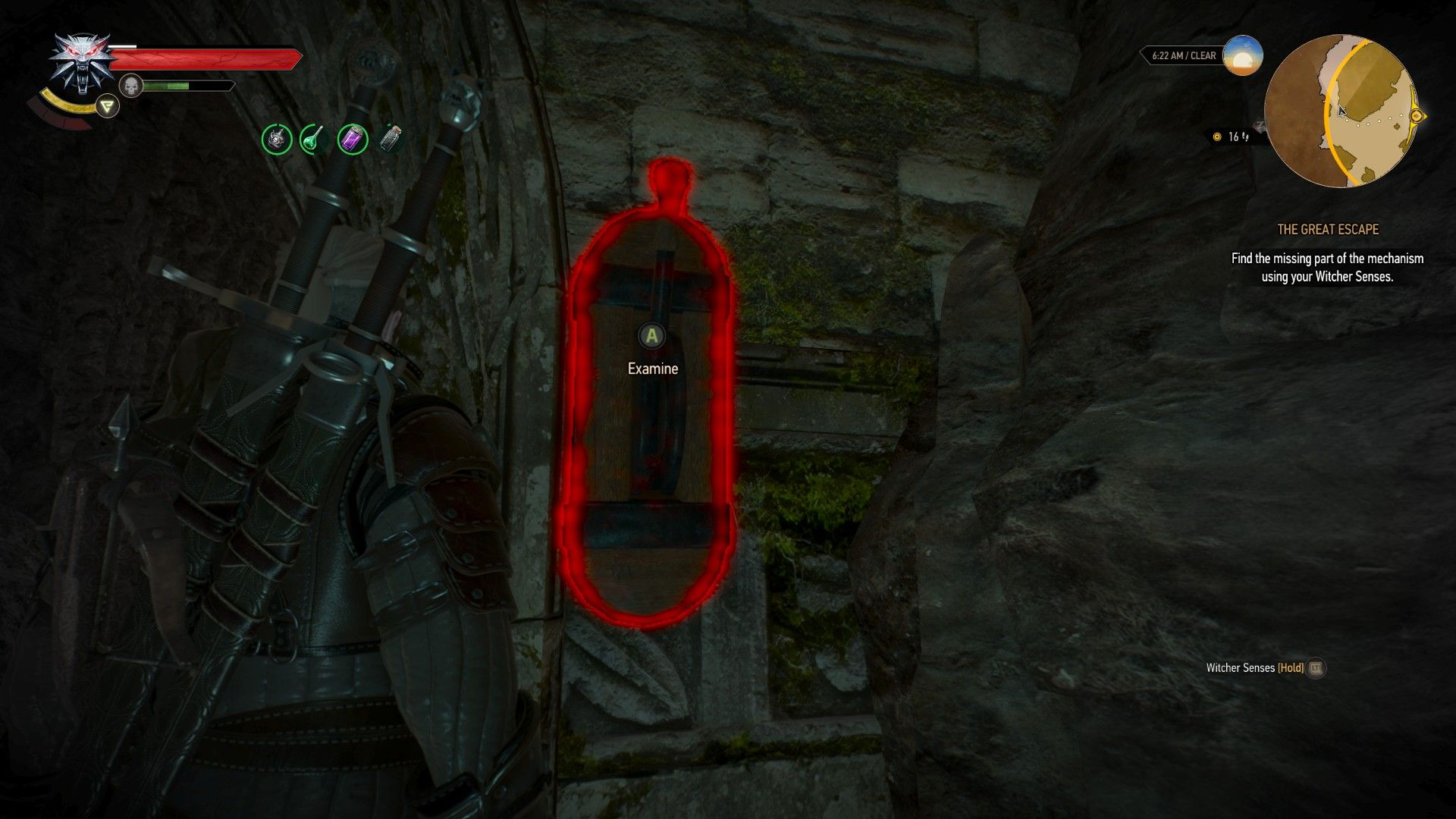 A screenshot of Geralt looking at a functioning mechanism in an underground sewer.