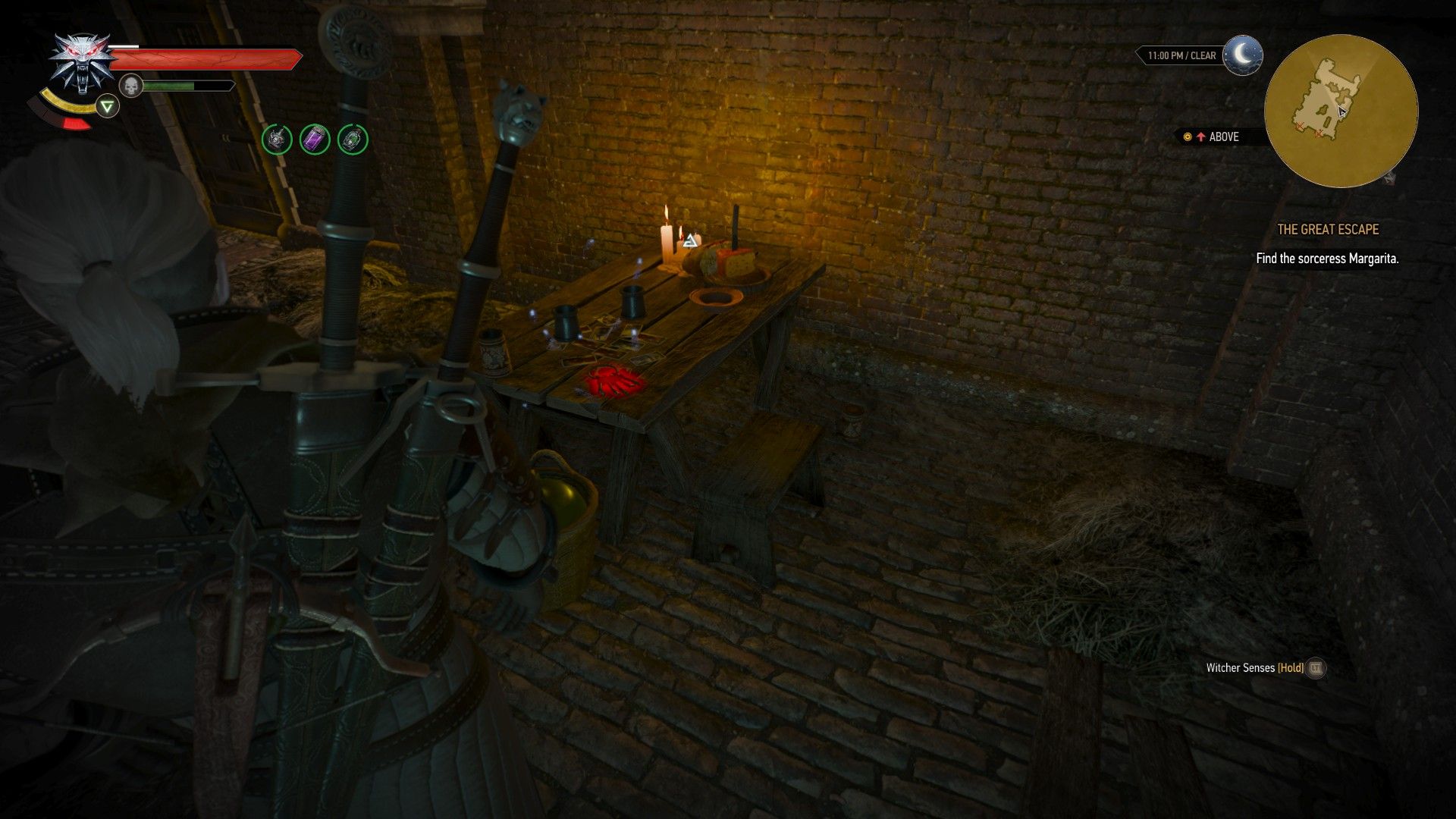 A screenshot of Geralt looking at a set of keys on a table in an underground guard post.