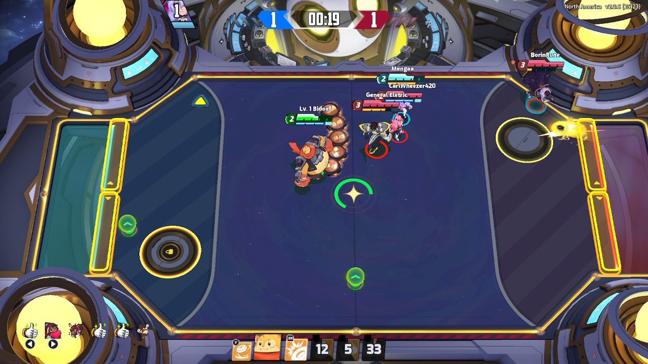 Dubu uses his ultimate ability to create a barrier while the Core hits behind one of the barriers in Omega Strikers.