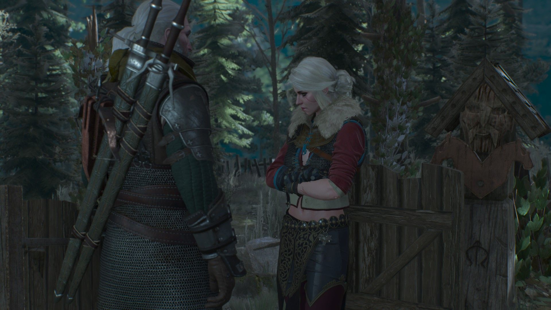 A screenshot of Ciri crossing her arms, upset about something in Skellige.