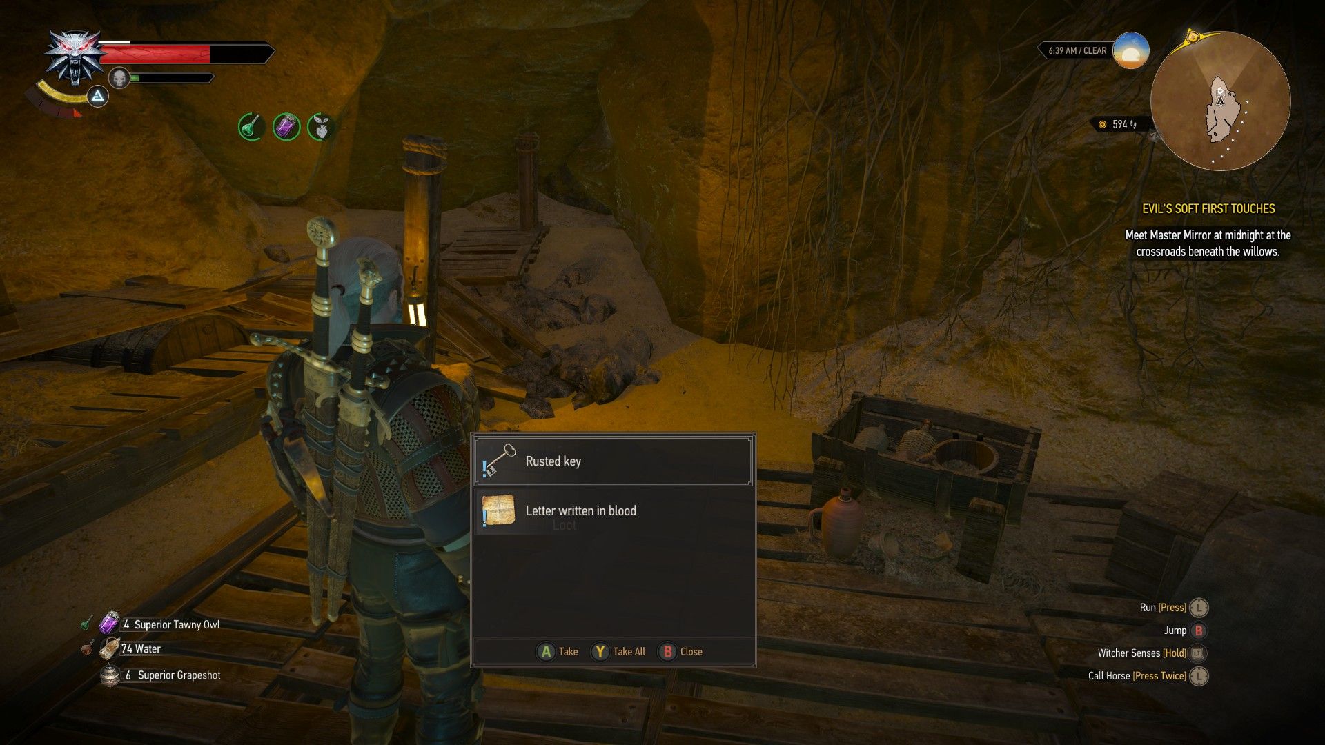 A screenshot of The Witcher 3, with the loot menu open and looking at quest items.