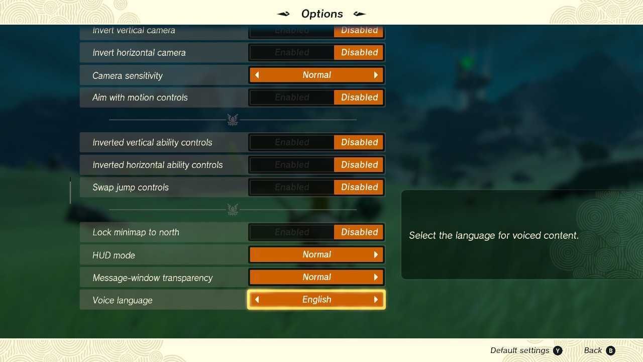 Zelda Tears of the Kingdom menu showing its options which demonstrate how little the game has in the way of accessibility options