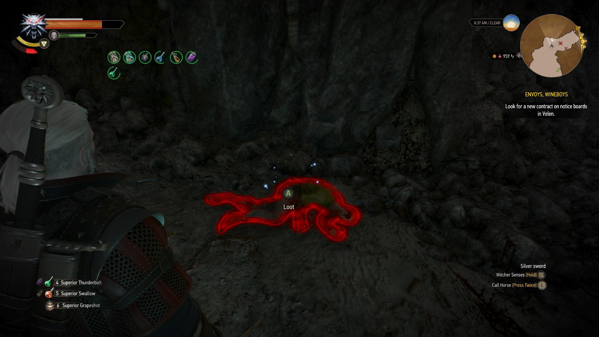 A screenshot of Geralt looking at a dead body in a cave with his witcher senses highlighting the body in red.