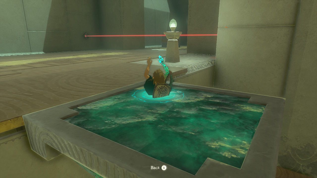 Link Ascends On Platform To See Laser Above in The Legend of Zelda Tears of the Kingdom.
