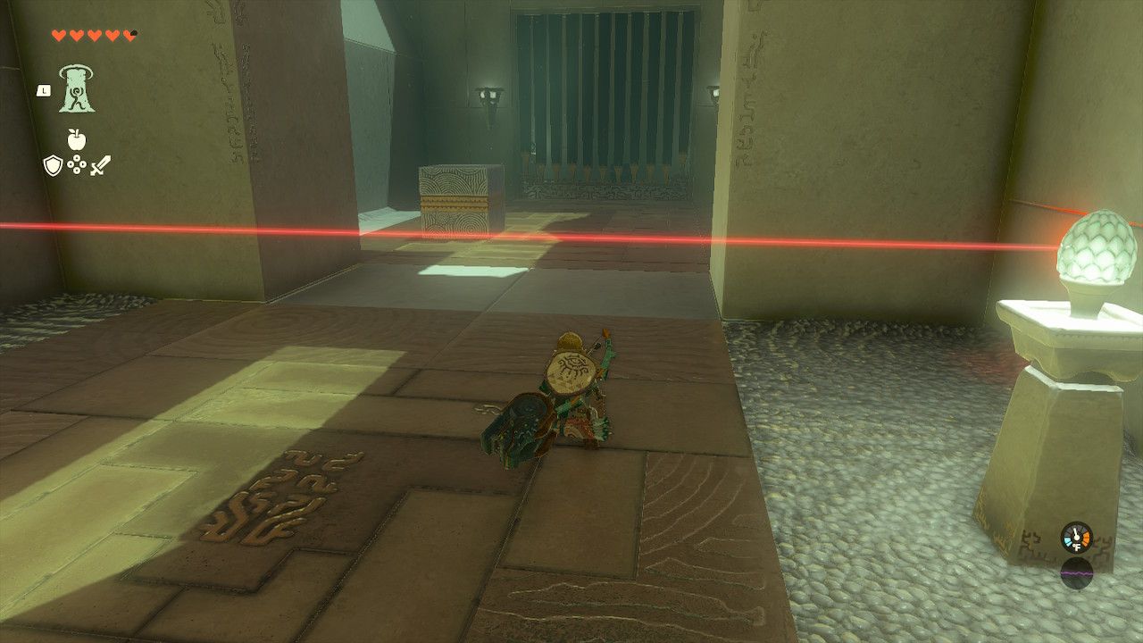 Link Ducks Under Laser To Reach Block And Gated Chest in The Legend of Zelda Tears of the Kingdom.