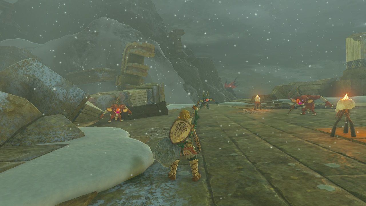 Link Faces Three Bokoblins On Snowy Platform With Tulin In Tears Of The Kingdom